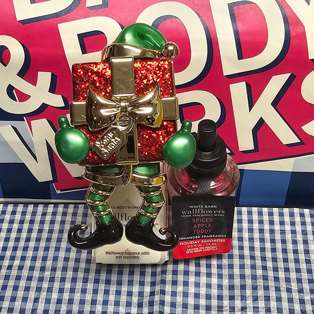 BBW Elf w. Present FROM SANTA Wallflower Fragrance Plug In & Spiced Apple Refill